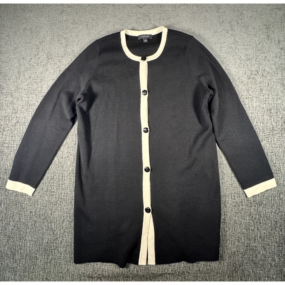 Ann Taylor Long Black Cardigan with Cream Trim Button Front Sweater Coat Size L